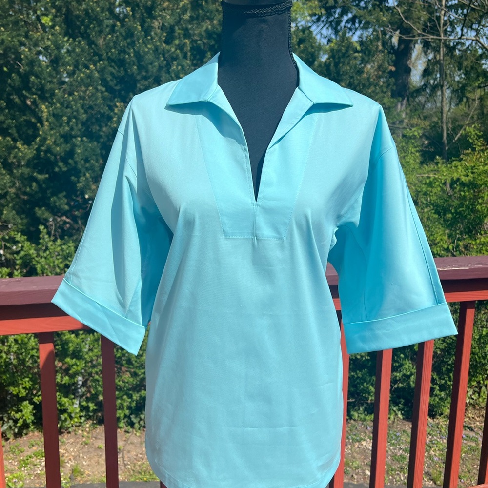 LAFAYETTE 148 NEW YORK NEW ITALIAN COTTON STRETCH BLOUSE IN LAGOON SIZE SMALL - Picture 5 of 13